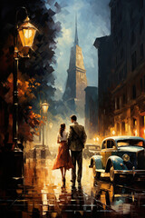 Naklejka premium lovers couple walking over chicago a street in chicago by night around 1930, ai generative
