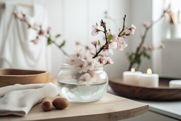 Fototapeta na wymiar Close up of a wooden table, desk, or shelf with cherry blossom branches in a glass vase over a fuzzy image of a bohemian bathroom with a bathtub, a boho interior design concept. Generative AI