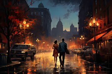 lovers couple walking over chicago a street in chicago by night around 1930, ai generative