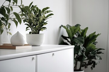 fake plant in a pot on a white cabinet with space for text below it in a white interior. Generative AI