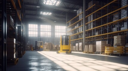 Large industrial warehouse. Tall racks filled with boxes and containers. Boxes on pallets. Forklift in the aisle. Daylight fills the room through the windows. Global logistic concept. 3D illustration.