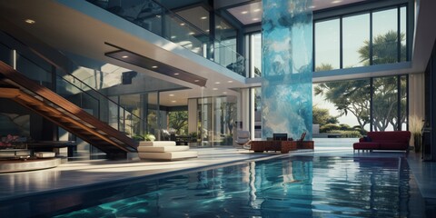 3d rendered living room interior with swimin gpool
