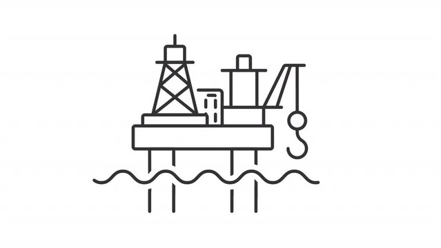Black icon animation of offshore oil platform, HD video with transparent background, seamless loop 4K video of offshore drilling rig, marine industry.