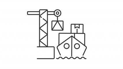 Black icon animation of cargo loading and unloading in container ship, HD video with transparent background, seamless loop 4K video of ship in sea, marine industry.