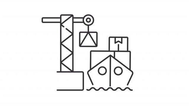 Black icon animation of cargo loading and unloading in container ship, HD video with transparent background, seamless loop 4K video of ship in sea, marine industry.