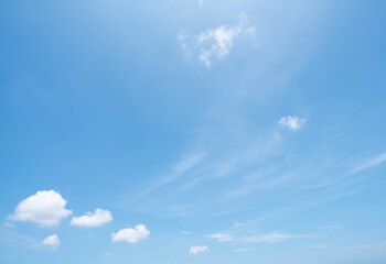 Beautiful blue sky and white cumulus clouds abstract background. Cloudscape background. Blue sky and fluffy white clouds on sunny days. Beautiful blue sky. World Ozone Day. Ozone layer. Summer sky.