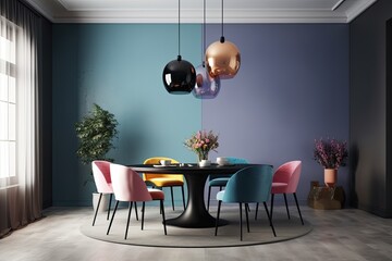 Dining area with black circle table and bright extremely colorful seats. Interior design with trendy hues. Mockup of an empty wall. Generative AI