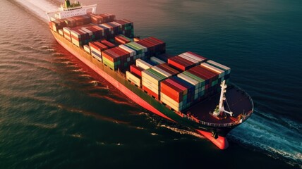 Fototapeta na wymiar Aerial view of cargo ship carrying containers. Container ship in the ocean, setting sun reflected in the water. Global transportation and logistics concept. 3D illustration.