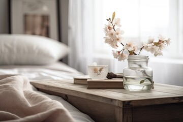 Fototapeta na wymiar Close up of a wooden table, desk, or shelf with cherry blossom branches in a glass vase over a fuzzy image of a classic bedroom with a soft bed, a bohemian interior design concept. Generative AI