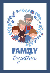 Poster or vertical banner about family together flat style, vector illustration