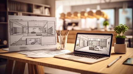 Workplace of an architect, interior designer, engineer. Laptop with a project on the monitor, blueprints, drawing tools and home decor on the table. Remote work concept. Mockup, 3D illustration.