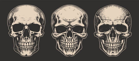 Set of vintage retro scary hipster skull. Can be used like emblem, logo, badge, label. mark, poster or print. Monochrome Graphic Art. Vector. Hand drawn element in engraving