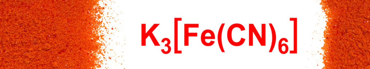 Potassium Ferricyanide with chemical formula, chemical ingredient on white laboratory table.