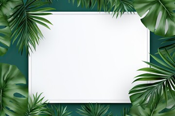 Palm leaves on summer background with blank white frame for design and decoration