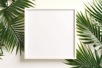 Palm leaves on summer background with blank white frame for design and decoration