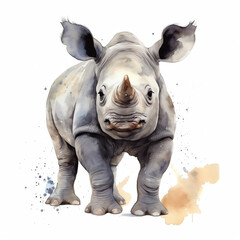 Obraz premium Generative AI : Adorable Baby Rhino in Realistic Watercolor, Innocence and Power Captured