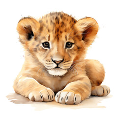 Generative AI : Playful Baby Lion: Realistic Watercolor Clipart of a Cute Lion Cub Jumping, Side View, on White Background