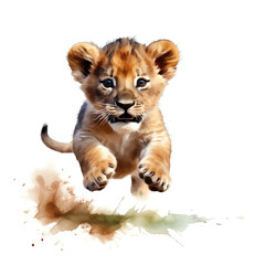 Obraz premium Generative AI : Playful Baby Lion: Realistic Watercolor Clipart of a Cute Lion Cub Jumping, Side View, on White Background