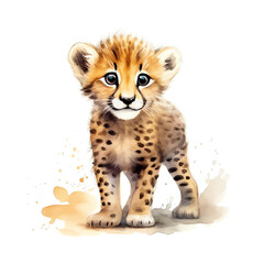 Generative AI : Realistic Watercolor Clipart of a Cute Baby Cheetah - HD Close-Up Portrait on White Background