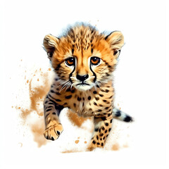 Fototapeta na wymiar Generative AI : Realistic Watercolor Clipart of a Cute Baby Cheetah - HD Close-Up Portrait on White Background