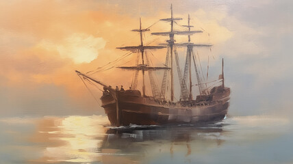 Fototapeta na wymiar brigantine ship sailboat seascape drawing art. Generative AI