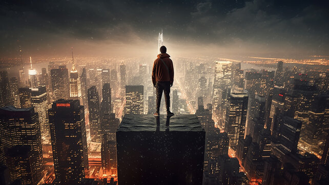 a man stands on the roof of a skyscraper overlooking the metropolis. Generative AI