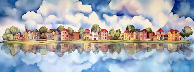 Naklejka premium watercolor colorful houses reflected in the lake with clouds landscape panorama. Generative AI