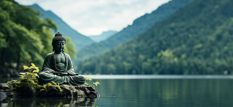 Buddha statue resting on a rock by a serene lake