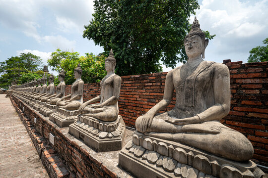 The Row of Buddha statues. Beautiful Bhudda Image in front of Main Stupa Chedi of Wat Yai Chai Mongkhon Temple, Ayutthaya Archaeological site, Thailand