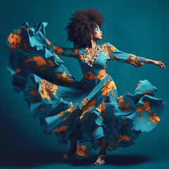 African woman dancing on a blue background. Generative AI.