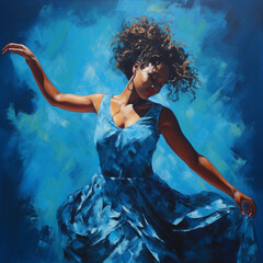 Fototapeta na wymiar African woman dancing on a blue background. Generative AI.