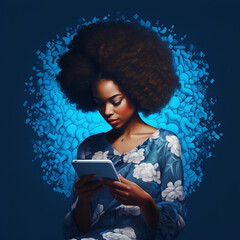 Afro woman using the tablet on a blue background. Generative AI.