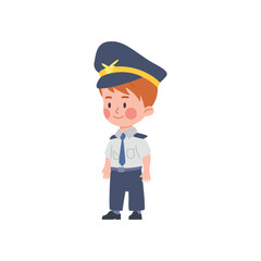 Cute little kid boy standing in pilot suit flat style, vector illustration