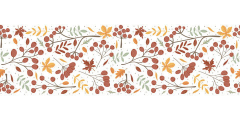 Vector horizontal seamless background with autumn leaves and berries. Seasonal fall banner design for greeting or promotion.