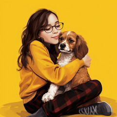Girl hugging a dog on a yellow background. Generative AI.