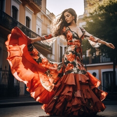Woman with flamenco dress in Spain. Generative AI. - obrazy, fototapety, plakaty