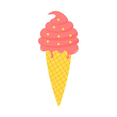 Melting ice cream in a waffle cone. Cartoon flat illustration isolated on white background.