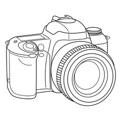 hand drawing old SLR vintage film or digital photo camera. 3D view shot - front, side and top. Isolated doodle vector illustration