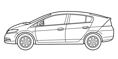 Outline drawing of a hatchback car from side view. Vector outline doodle illustration. Design for print or color book