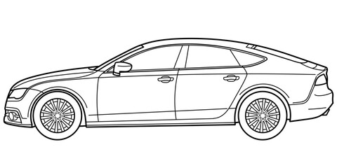 Fastback sport car. Side view shot. Outline doodle vector illustration	
