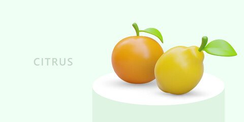 3D citrus fruits. Ripe lemon and orange with green leaf. Juicy summer natural food. Vector layout with color illustration, text. Advertising, header, sign