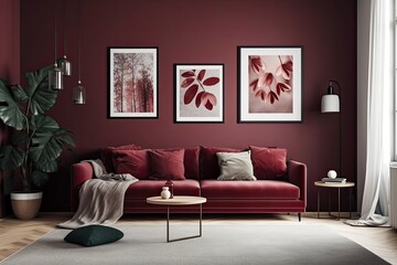 Dark crimson, maroon, monochrome flat apartment with furniture and plants, poster mockup room, double frames gallery wall. Generative AI