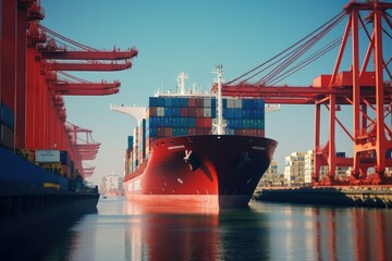 Fototapeta premium Container ship at the berth in cargo terminal of the port under loading. Port cranes load containers, place them in rows on the deck of the vessel. Global freight shipping concept. 3D illustration.