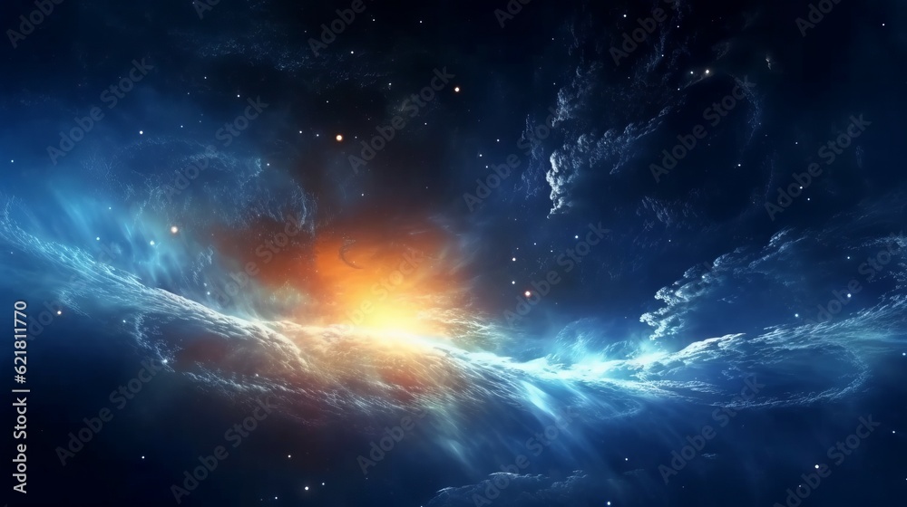 Wall mural blue and white nebula in space with sun and stars. .planets and galaxies in outer space showing the 