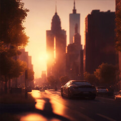 The city is bathed in the soft hues of a stunning sunset, beautiful evening view along its bustling streets. The scene comes to life with vehicles in motion, while modern buildings and architecture.