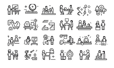Studio web symbols inline style. Business, training, teamwork, partnership, objectives, coaching, and collection Black-and-white vector illustration with a white background