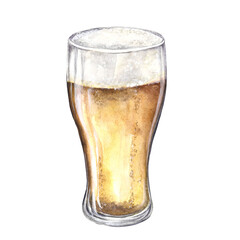 Glass of golden beer with foam. Watercolor illustration isolated on transparent background. Designed for printing postcards, menus, prints