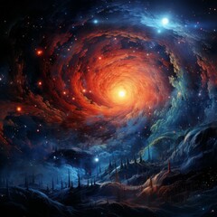Fantasy landscape with planet and galaxy.  Art oil painted spacescape - Spiral Galaxy and nebula  in space, computer generated abstract background. Digital illustration.