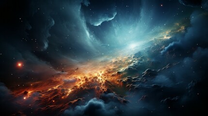 Fototapeta premium Fantasy landscape of fiery planet with glowing stars, nebulae, colorful massive clouds and falling asteroids. Digital artwork graphic, astrology magic. Mystical burning Planet in space with asteroids