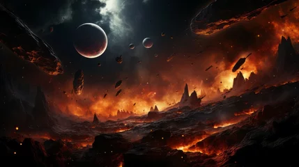 Fotobehang Fantasy landscape of fiery planet with glowing stars, nebulae, massive clouds and falling asteroids. Digital artwork graphic, astrology magic.  Mystical burning Planet in space with asteroids © Valua Vitaly